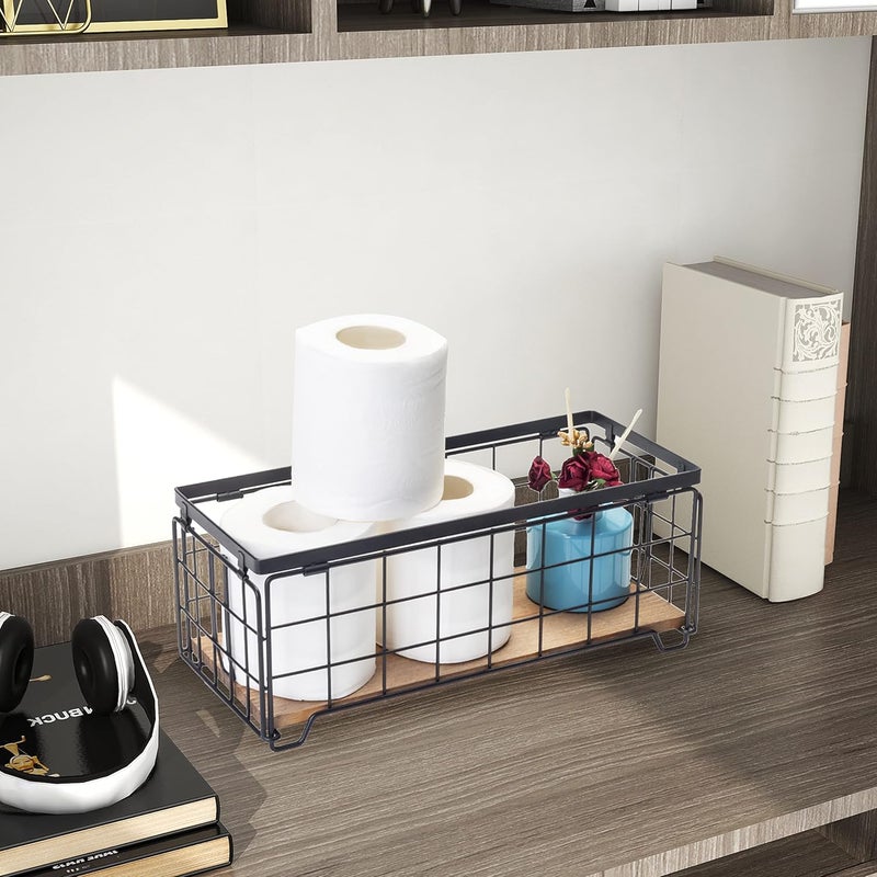 TIEYIPIN Metal Wire Storage Basket, Toilet Paper Roll Holder Wood Base Countertop Decor Box Toilet Tank Shelf Cabinet Organizer for Bathroom Pantry Garage Bedroom Livingroom (Black (2 Pack)) - Image 2
